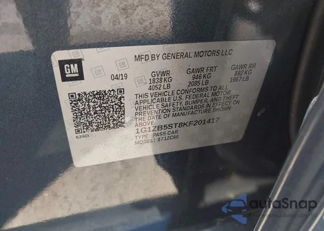 2019 Chevrolet Malibu 1Ls z USA, uszkodzony, nr VIN 1G1ZB5ST8KF201417